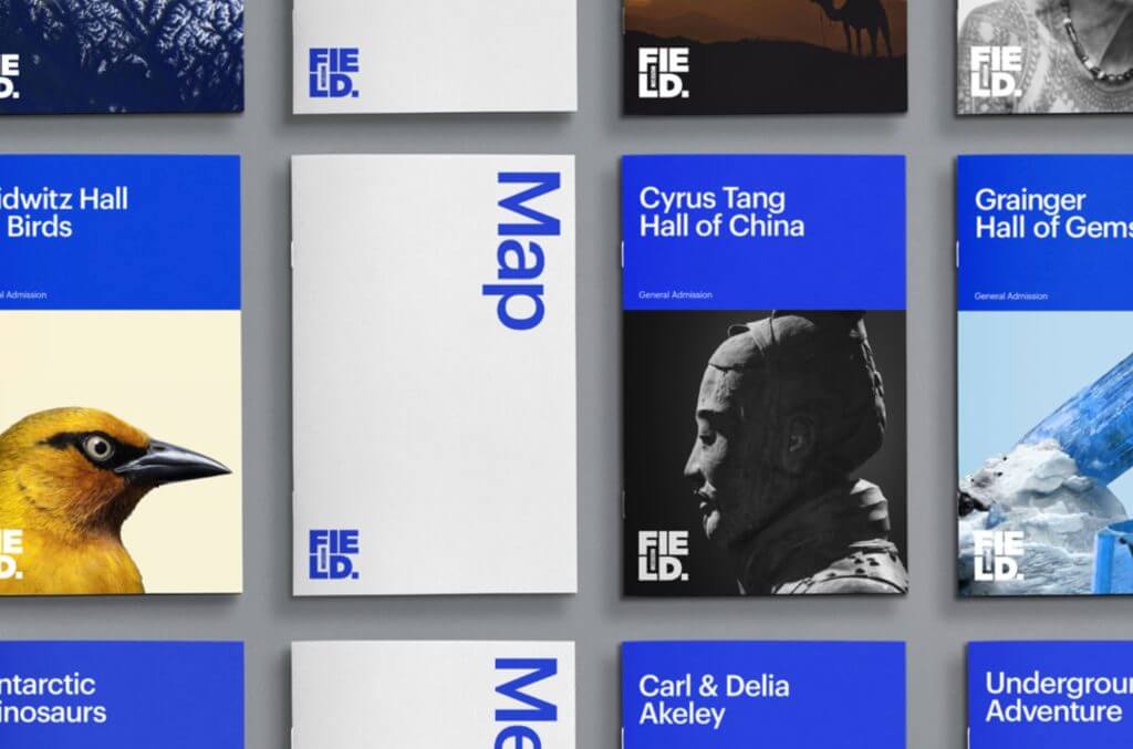 Vertical booklets are neatly laid out in a perfect grid. They are labeled with the names of exhibit halls and exhibitions as well as "Map" in large blue and white text.