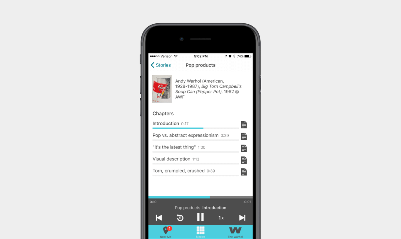 A mobile screenshot of a page labeled "Pop Products" with a list of 5 chapters, their run times and a document icon next to each.