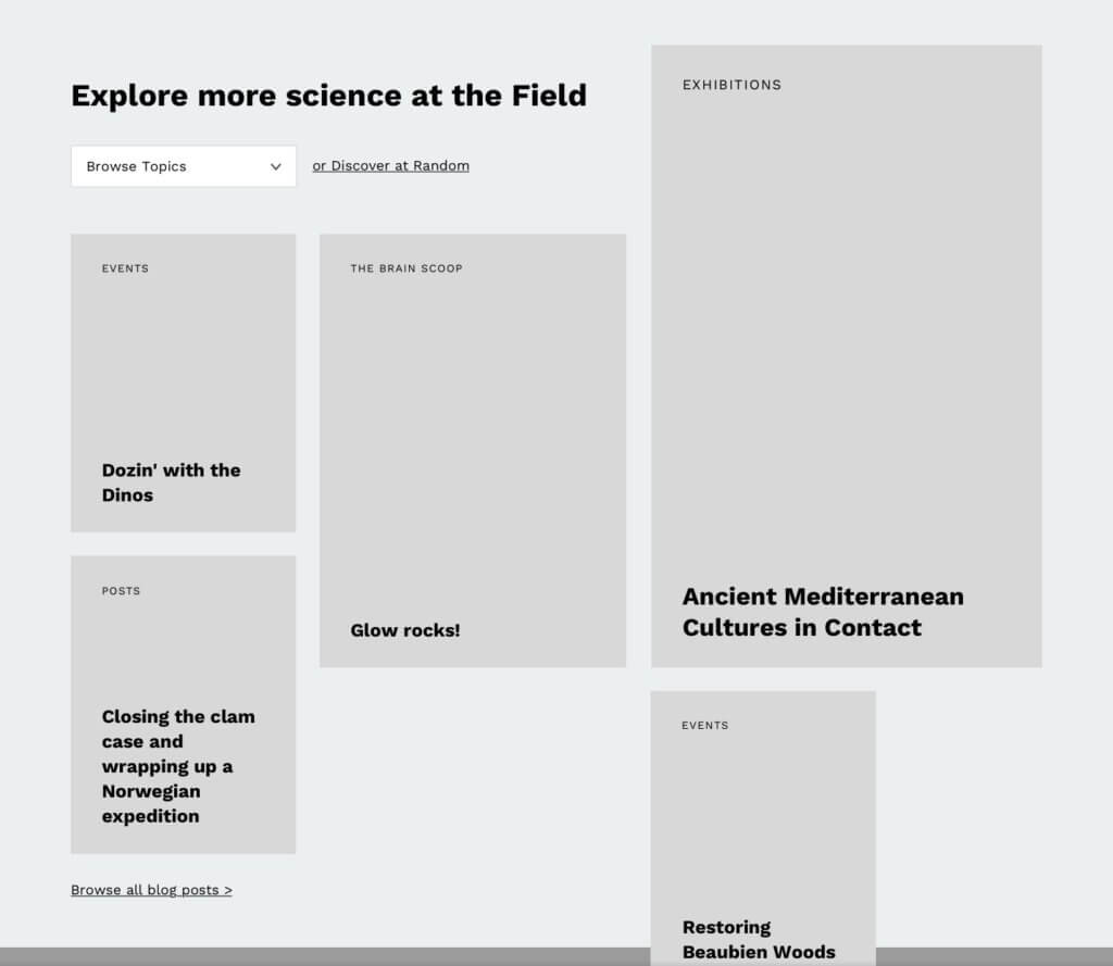 Light gray boxes are labeled with different categories and titles below a header that reads "Explore more science at the Field."