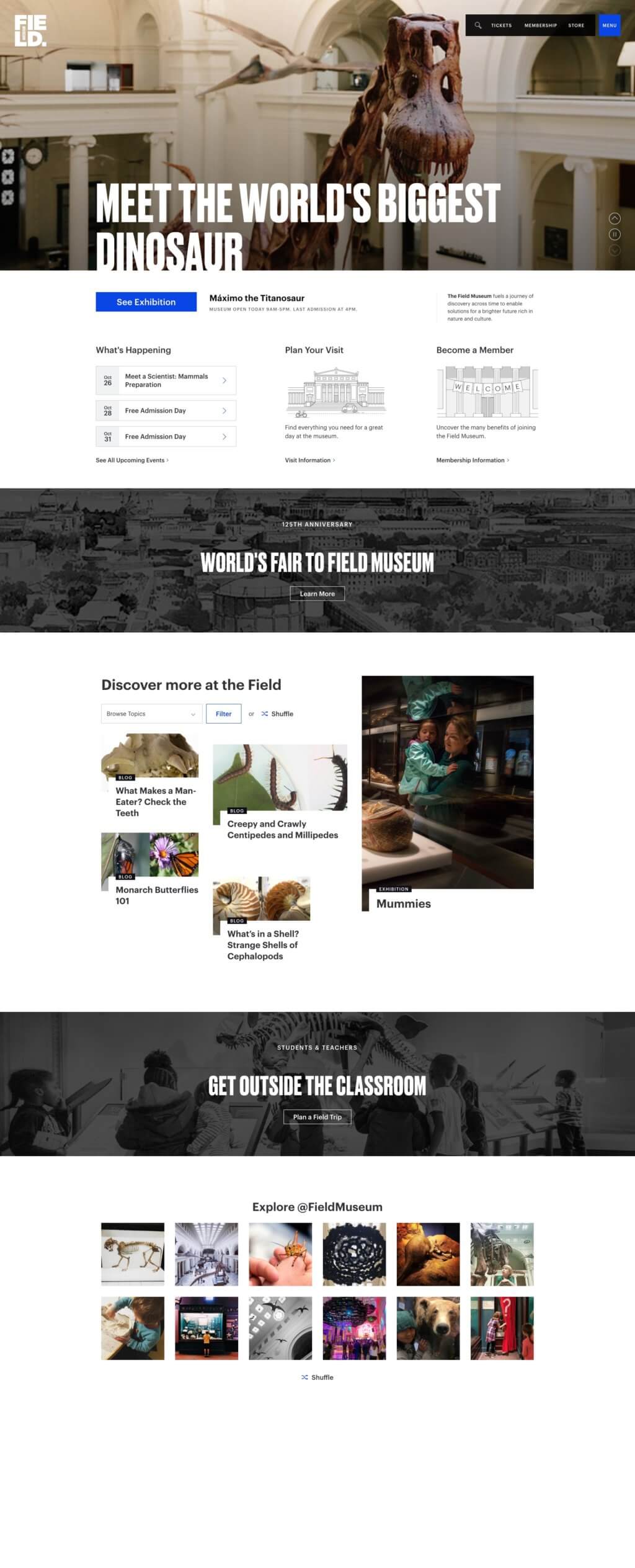 A screenshot of the Field Museum homepage features a header that reads, "Meet the world's largest dinosaurs," followed by 5 distinct sections.
